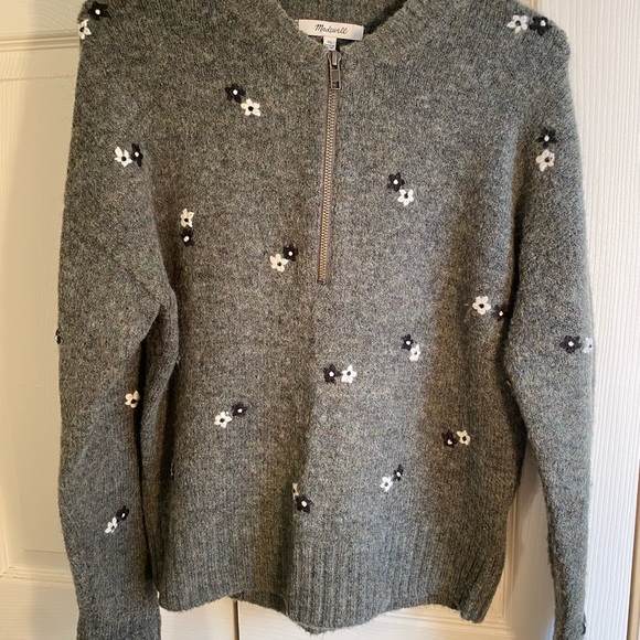madewell gray wool embroidered daisy quarter zip sweater - Picture 3 of 3